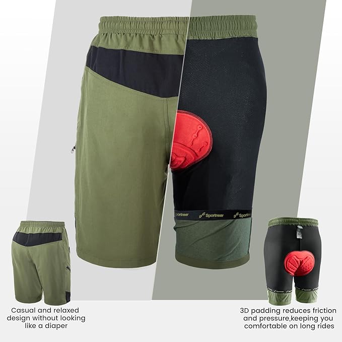 Sportneer Bike Shorts for Men: 3D Padded Lightweight Riding Biking Cycling Mountain Bike Shorts for Men with Zipper Pockets