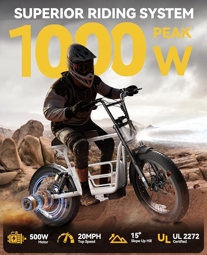 Caroma Peak 1200W/1000W/800W/500W Electric Scooter with Seat,16"/20" Fat Tire Ebike All-Terrain,Max 30Miles&20MPH Electric Scooter Adults,Electric Motorcycle Adults with Storage Basket for Cargo&Pets