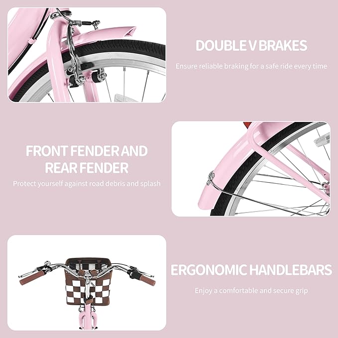 Foldable Beach Cruiser Bike for Women, 24/26 Inch Folding Bikes for Women, 7 Speed Commute Bike with Basket Adult Womens Bicycles Folding Cruiser Bikes for Adults, City Commuting's Bicycle