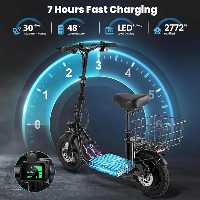 Caroma Peak 1200W/800W Electric Scooter with Seat, 30 Miles Max Range, Electric Scooter Adults, Up to 20MPH Foldable Escooter with Basket,Key Start Adjustable E-Scooter