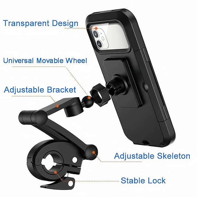 Motorcycle Phone Mount Holder, Universal Handlebar Mount for Bikes and Electric Vehicles, Black (Waterproof Phone Mount)
