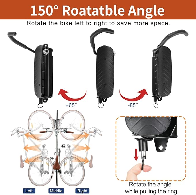 Cyfie Bike Rack Wall Mount, 150° Swivel & Space Saving, Garage Bike Hanger Hooks, Indoor Vertical Hanging Bike Rack Wall Mount Bicycle Mount Wall for Road Bike, Mountain Bike