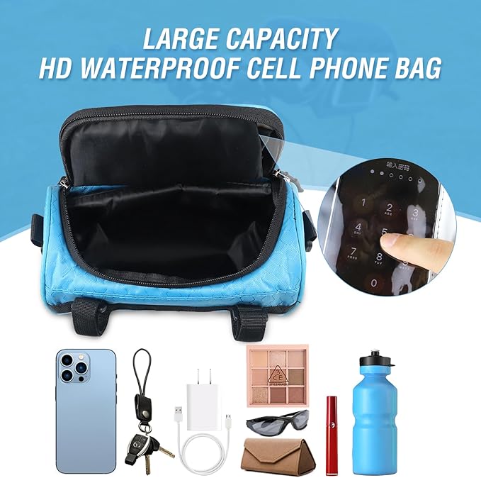 ZUKKA Bike Handlebar Bag Large-Capacity Adjustable Waterproof Front Handlebar Bags with Transparent Pouch Touch Screen for Bicycles Handlebar Women Men (Blue)
