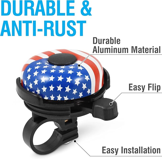 MARQUE Bike Bell for Adults & Kids – Nice, Loud, Crisp Ding Sound Bicycle Bell – Must Have Bicycle Accessories for Mountain MTB, Beach Cruisers, Commuter, Kids Bike – Easy to Install on Handlebar