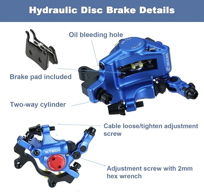 HB-100 Line Pulling Hydraulic Disc Brake Calipers，Mechanical Disc Brakes for MTB, Mountain Bike, E-bike and Electric Bike 2PCS Front/Rear Black/Red/Gold (Blue)