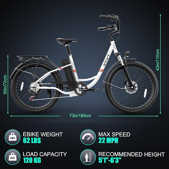 Vivi Electric Bike for Adults, 1000W Peak Ebike 26" Electric Cruiser Bike 22MPH Step Through Electric Bike with 48V Removable Battery, 7 Speed Electric City Commuter Bicycle, SGS Certified to UL2849