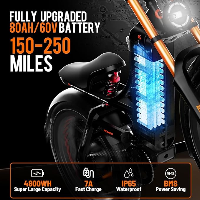eAhora 2026 Romeo Pro3/2 50/46Mph Ebike 5600/4000W Dual Motor 200+Miles Electric Bike for Adults, 52V/70Ah 60V/80Ah Long Range 26 * 4.0" Fat Tire Full Suspension Electric Mountain Bike