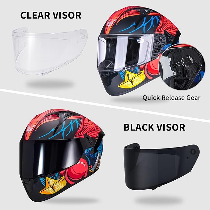 VCOROS Full Face Dual Visor Motorcycle Helmet for Adults Motorbike Street Bike Racing Helmets X9 DOT Approved with Black Visor
