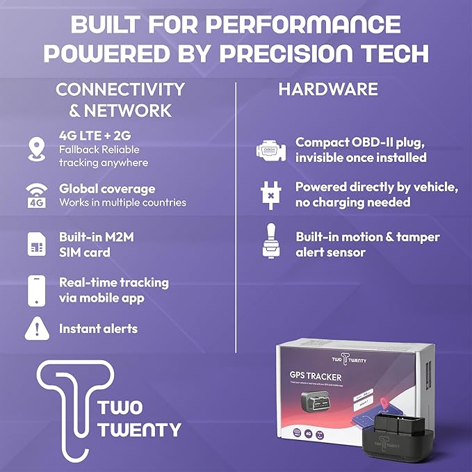TWO TWENTY TT-01 GPS Tracker for Vehicles – Plug & Play OBD-II, Real-Time Tracking via Mobile App, Smart Alerts, Fleet Management, Worldwide Coverage, Subscription Required