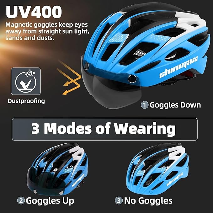 Shinmax Bike Helmet, CPSC/CPC Bike Helmet for Adult Men Women with Magnetic Goggles&Led Back Light Cycling Helmet Adjustable SM-T69