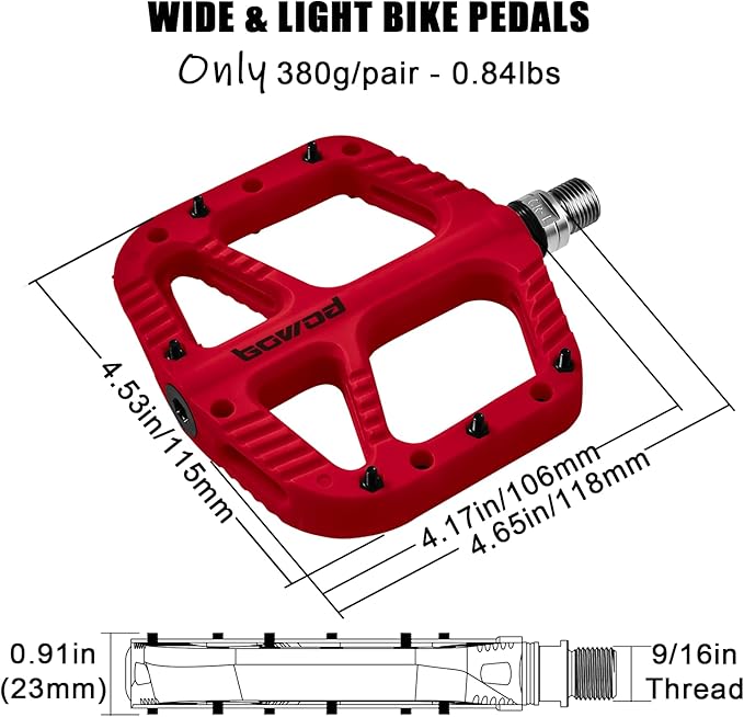 MTB Pedals Flat Mountain Bike Pedals Adult, Light and Wide Nylon Composite Bicycle Platform Pedal w Grippy Pins, 9/16" Cr-Mo Spindle 2 Bearings, Clipless Pedals for BMX Gravel Road E.Bike 9/16"