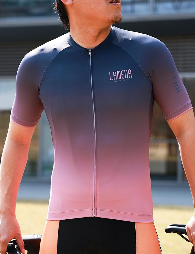 LAMEDA Mens Cycling Jersey Short Sleeve Biking Shirt with 3 Rear Pockets Moisture Wicking Breathable Quick Dry Bicycle Jersey