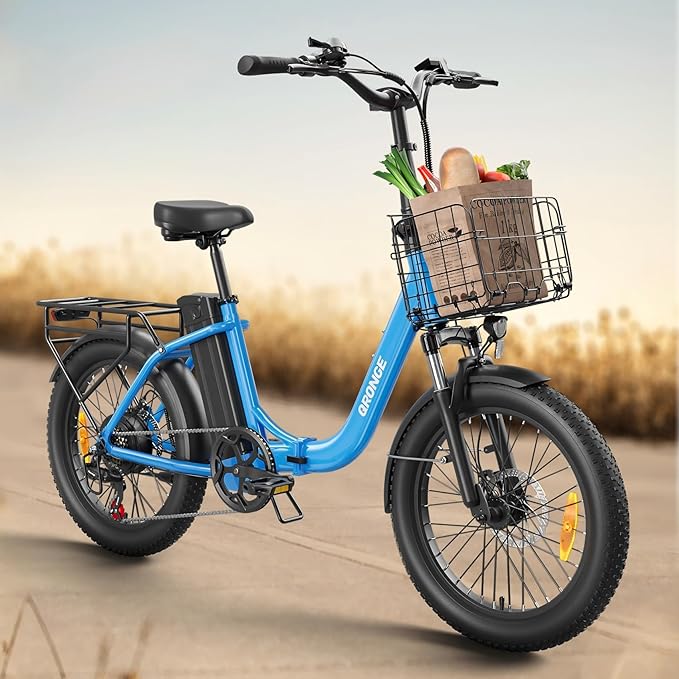 Electric Bike, 1000W Peak Folding Electric Bike, 486Wh 70 Miles Range Ebike, Waterproof Removable Battery, 7 Speed, 25 MPH Max, 20" Step-Thru Bicycle with Front Basket
