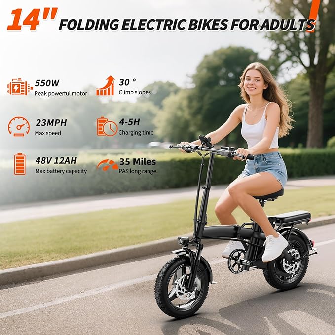 Foldable Electric Bike for Adult, 500W Brushless Motor | 19.88MPH | 14" Mini Ebike | Shock Absorbers | 48V10.4AH Removable Battery | Pedal Assist | Dual Disc Brake | 35 Miles Range | Commuting E Bikes