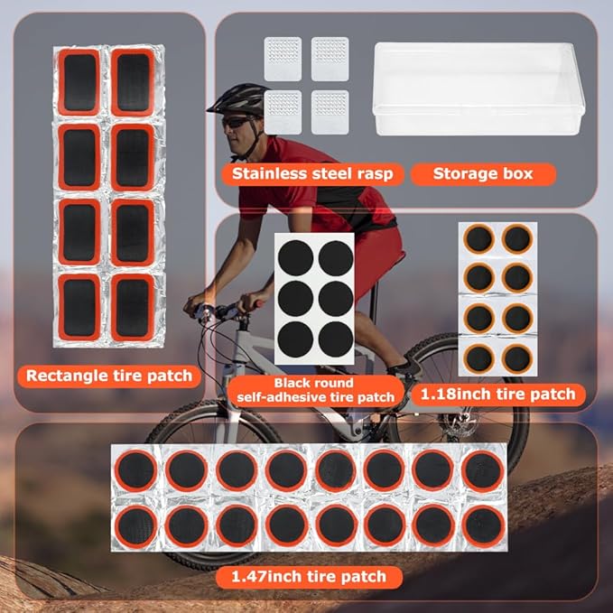 Bike Tire Repair Kit, 44pcs Bycicle Inner Tube Puncture Patch Kits with 38pcs Patches and Metal Rasp for Mountain BMX MTB Ebike Scooter