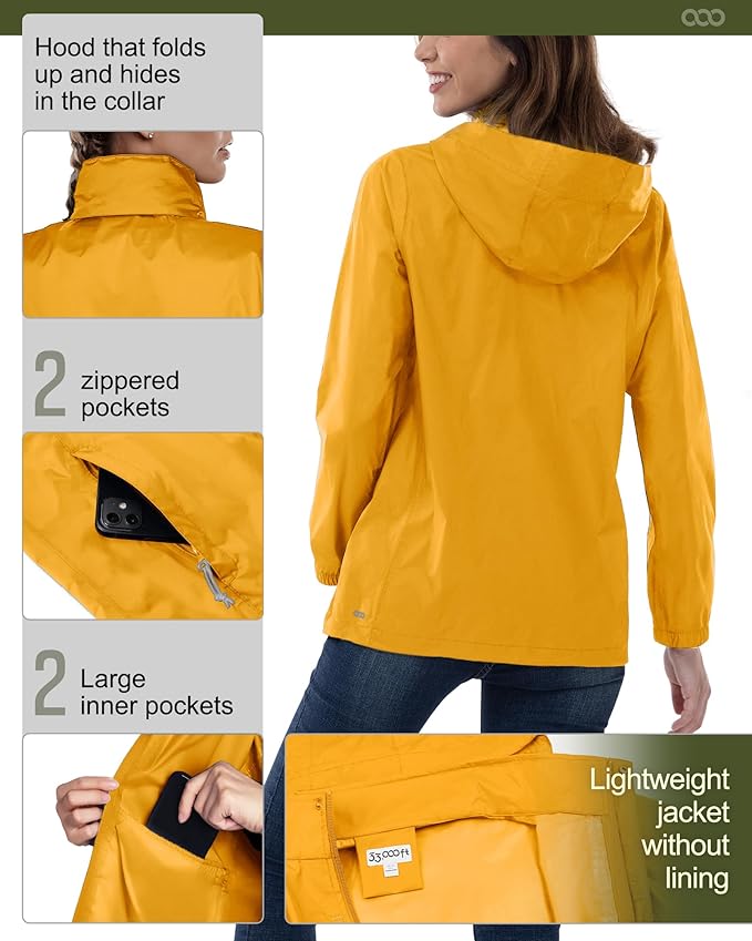 33,000ft Women's Rain Jacket Waterproof Lightweight Packable Raincoat with Hood for Golf Hiking Travel Windbreaker