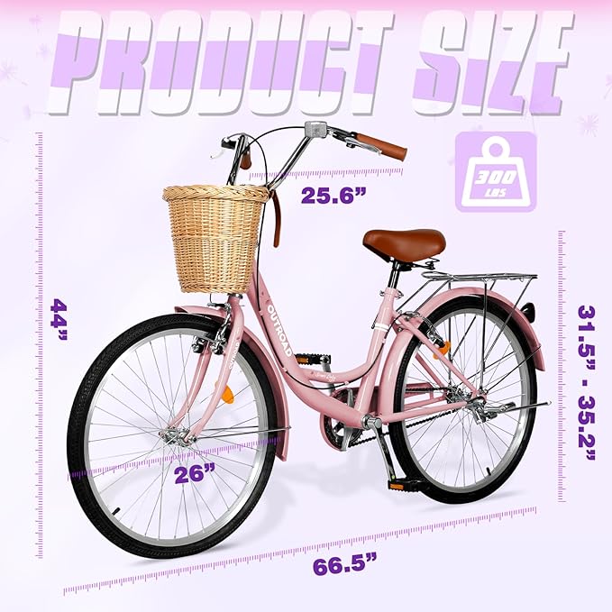 Betterland Beach Cruiser Bike for Women, 24/26 inch Hybrid Bike with Adjustable Seat, Womens Bike with Front Basket and Dual V-Brake, Step Through Comfort Bicycle for City Commuter