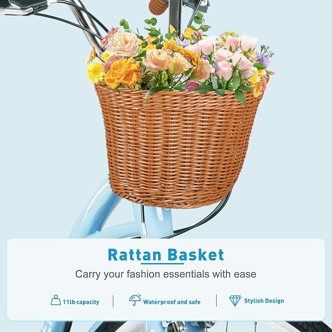 26 Inch Folding Beach Cruiser Bike for Women, 7-Speed Ladies Bike with Basket & Rack, Perfect for City Commuting's Bicycle, Ideal for Women and Adults