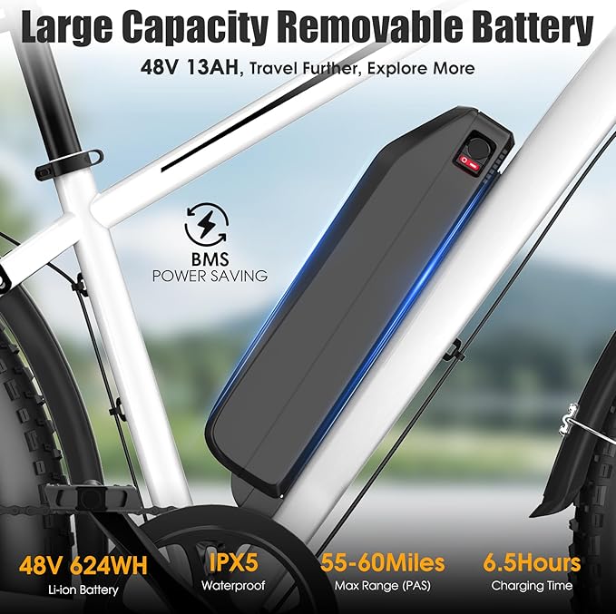 Electric Bike for Adults, 1000W Peak 25MPH 60Miles Ebike,48V 13AH Battery Electric Mountain Bike, 26" x 4'' Fat Tire Electric Bicycle with Rear Rack, Fenders, 7 Speed, UL 2849 Certified