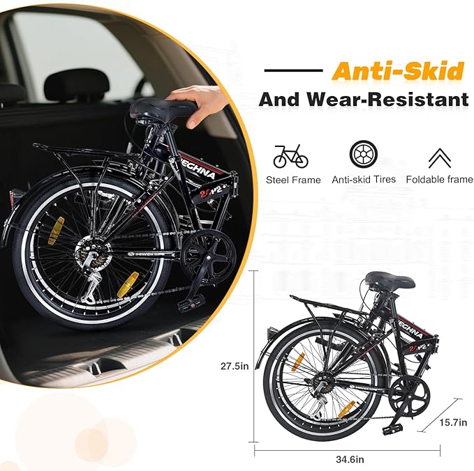 24" Folding Bikes for Adults 7 Speed City Commuting Folding Bicycle with Steel Frame/Front and Rear are V Brakes Compact Folding Bike for Adults Men and Wome No Assembly Required