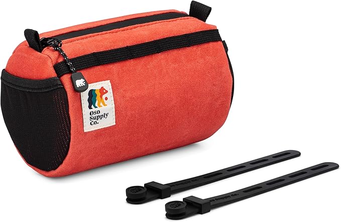 Bike Handlebar Bag – Waxed Canvas Exterior with Quick-Access Waterproof Zipper, Side Mesh Pockets and Spacious Storage – Ideal for Cycling, Commuting and Adventure Rides (Red/Orange)