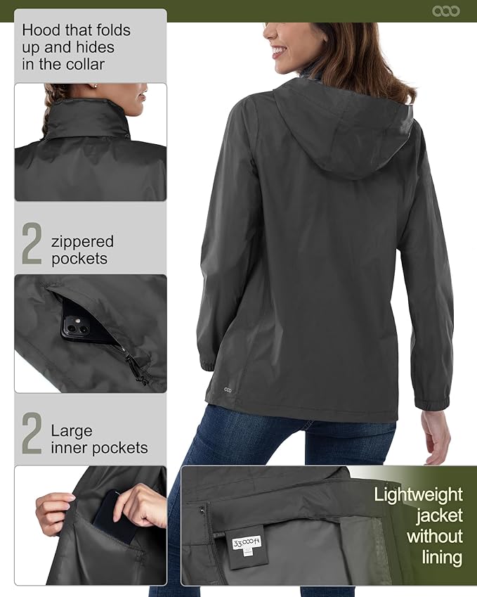 33,000ft Women's Rain Jacket Waterproof Lightweight Packable Raincoat with Hood for Golf Hiking Travel Windbreaker