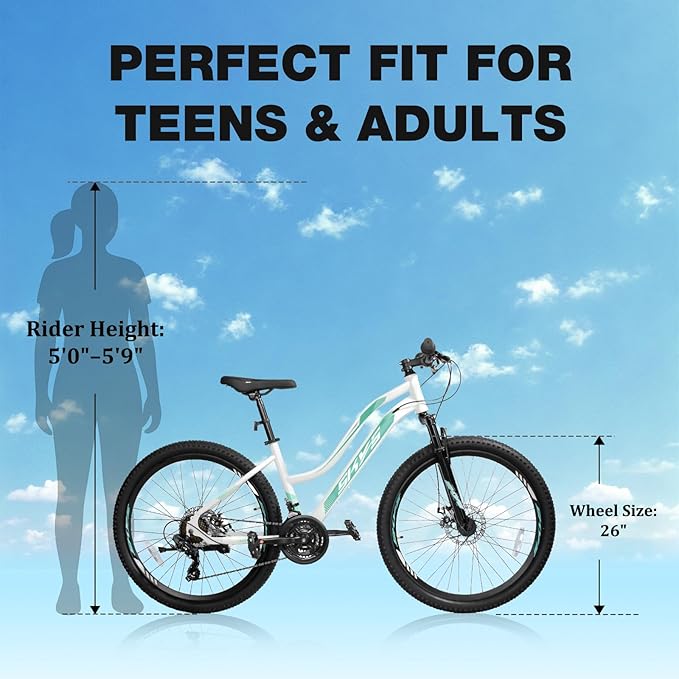 24/26 Inch Mountain Bike for Women & Girls, Twist Shifter, Dual Disc Brakes, Lockout Fork, 2.35" All Terrain Tires, Low Step Steel Frame, 85% Pre-Assembled