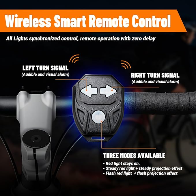 Bike Turn Signals with Projector 5 Modes USB Rechargeable Bike Tail Light Remote Control Waterproof Split Ebike Bicycle Turn Signals Front and Rear for Night Riding and Commuting Safety-4PCS