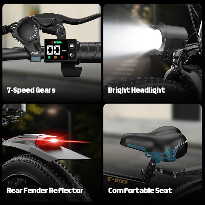 Electric Bike for Adults, 1500W Peak Mountain Ebike, 20 MPH, 7 Speeds, 48V Removable Battery, 26" Ebike for Commute