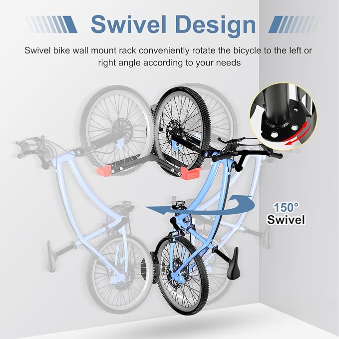 Wall Mount Bike Rack,No Lift MTB Road Bike Storage Rack Hanger Garage Indoor Space Saving,Heavy Duty Metal Bicycle Rack Holder Adjustable Size w/Extendable Storage Hook