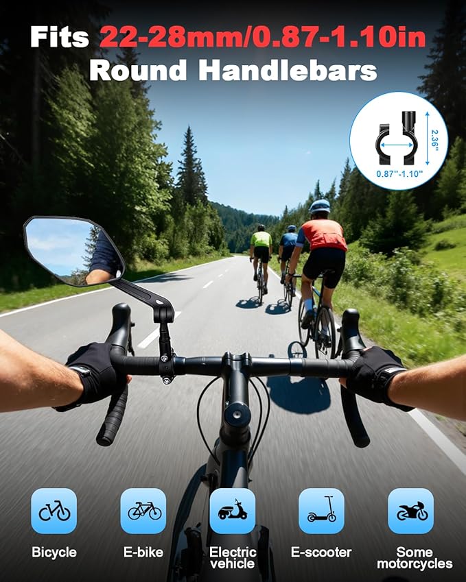 WSDCAM Bike Mirror HD Wide View, Adjustable Safety Rear View Mirrors, Scratch Resistant Glass Lens, Bicycle Accessories Universal Fit 0.87-1.10" Handlebars Mountain/Road bike Scooter Motorcycle eBike