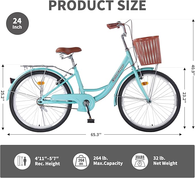 24 inch Hybrid Bikes for Women, Adult Bicycles Lightweight Hi-Ten Steel Frame Road Bike Single Speed with Rear Rack and Basket, Commuter City Bike, Comfort Lady Bicycle, Vintage Adult Bike, Green