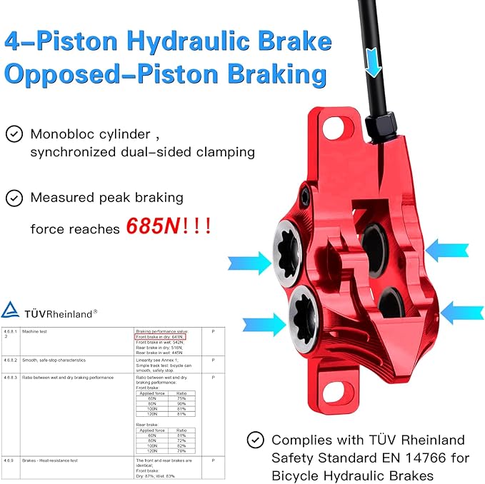 ZTZ IIIPRO IV4 Upgraded 4-Piston Hydraulic Brake Set, Hydraulic Disc Brake Kit with Ceramic Brake Pads for Mountain Bike/Ebike/Folding Bike/Fat Bike（Left Front 850mm and Right Rear 1550mm）