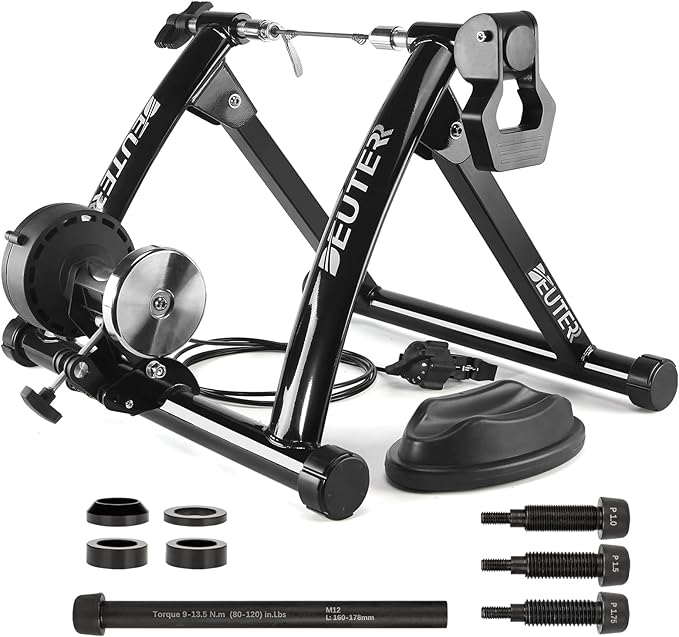 Bike Trainer, Magnetic Bicycle Stationary Stand for Indoor Exercise Riding, 26-29" & 700C Wheels, Quick Release Skewer & Front Wheel Riser Block Included