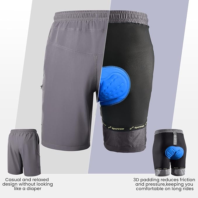Sportneer Bike Shorts for Men: 3D Padded Lightweight Riding Biking Cycling Mountain Bike Shorts for Men with Zipper Pockets