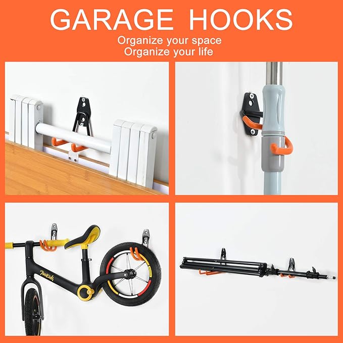 AOBEN Garage Hooks Heavy Duty, Steel Garage Storage Hooks, Utility Tool Hangers and Combinable Wall Mount Garage Hooks for Organizing Ladder, Hold Chairs, Heavy Tools (Medium U, 4 Pack)