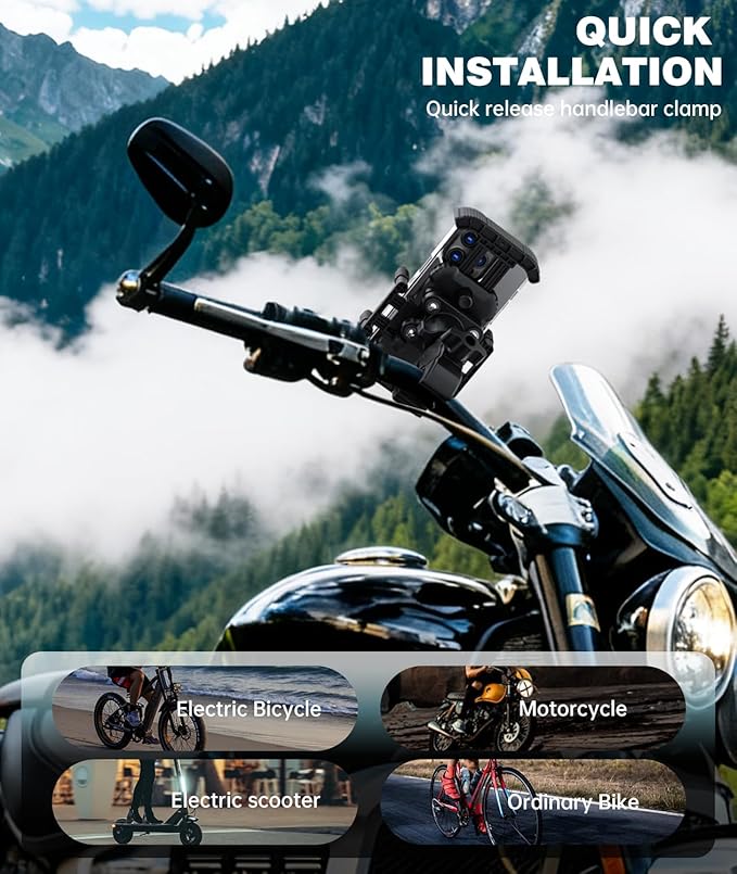 Motorcycle Phone Mount Holder - [Dual Vibration Dampener] [Upgrade Handlebar Clip] Motorcycle Cell Phone Holder, Bike Phone Mount (Black)