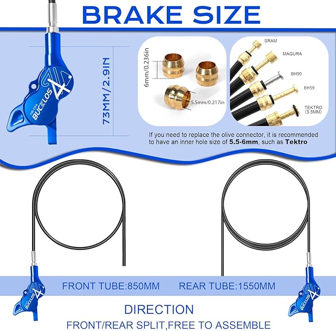 BUCKLOS MTB Hydraulic Disc Brake Set 4 Pistons Front 850mm and Rear 1550mm Hydraulic Brakes with Aluminum Alloy Lever with Caliper Ceramic Brake Pad Fit Mountain Bike,Ebike,Fat Bike HB-CP4 (Pre-Bled)