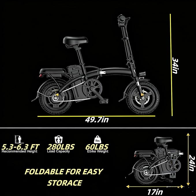 14" Commuter E-Bike for Adults, 500W Folding Electric Bike Up to 25MPh & 35-Mile Range, 48V12AH Removable Battery, Ul 2849 Certified Compact Electric Bicycle