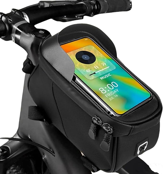 Bike Frame Bag Waterproof - Top Tube Frame Pouch, Cycling Pouch with Rain Cover, Fits Up to 6.5" Touchscreen Window, Storage Straps (black)
