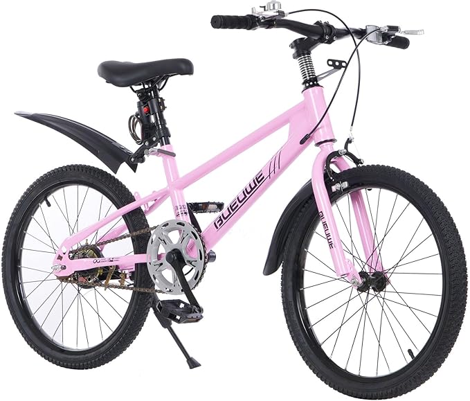 Kids Mountain Bike 20/24 Inch for Boys & Girls Ages 7–15, Youth Bicycle with Dual V-Brakes, 180° Rotating Handlebar, Lock, Mudguards, Kickstand, Adjustable Seat (Pink, 20 Inch)