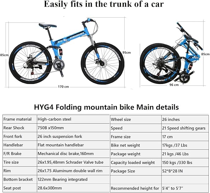 EUROBIKE Adult Folding Mountain Bike HY G4/G6 Foldable Bicycle for Women 26 Inch Wheels 21 Speed Mens Folding Bike Dual Suspension MTB Bicycle