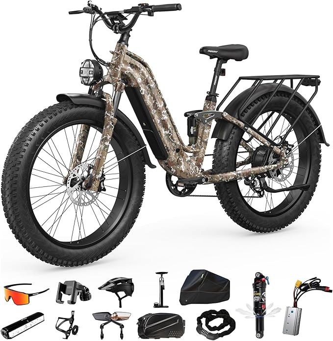 FREESKY Wildcat Ultra 3000W Electric Bike for Adults 105mile Long Range Step-Thru Ebike Motor 37MPH Dirt E Bike 25Ah Samsung Battery 26'' Fat Tire Electric Bicycle Full Suspension for Commute