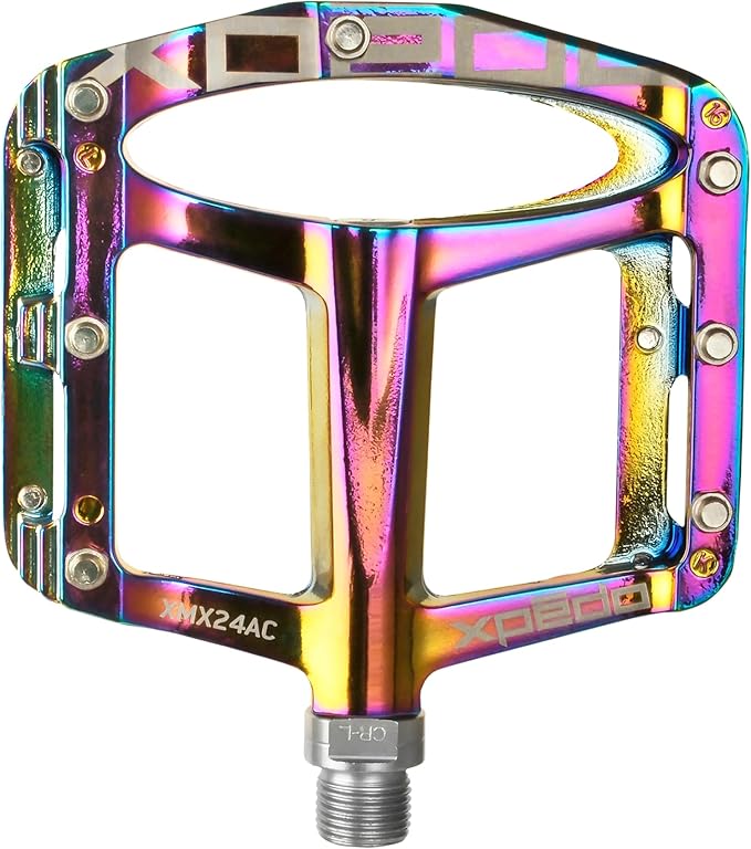 Xpedo Spry Flat Bicycling Pedals | Aluminum Body, 11mm Low-Profile, 106x100mm Platform, 28 Replaceable Steel Pins | MTB Trail/Enduro | Oil Slick