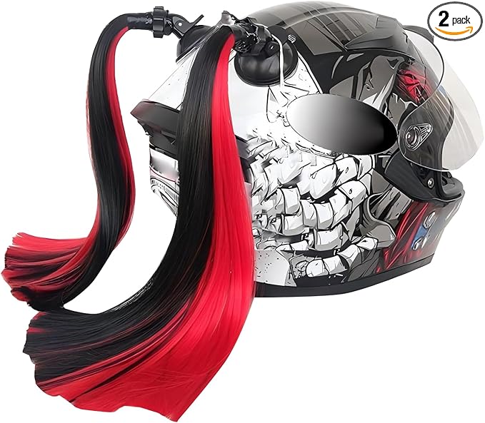 2 PCS Helmet Pigtails, Fun Pigtail Decorations for Helmet with Suction Cup, Detachable Fake Hair Decor, Universal for Motorcycle Bike Helmets (Black & Red)