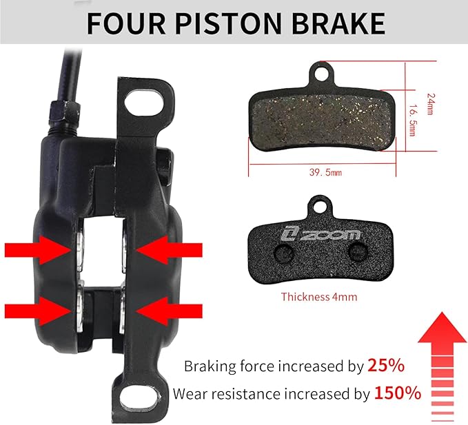 Zoom HB876E Hydraulic Disc Brakes Set 4-Pistons E-Bike Electric Power-OffHydraulic Brake Set with 180mm Rotors, Adapter Fit EBike Fat Bike Bicycle for Mountain Bike, Road Bike (Black)