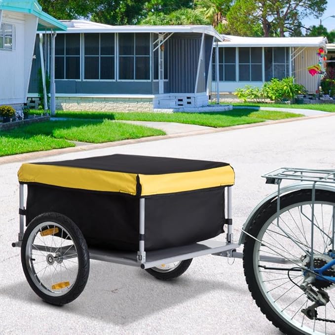 Lightweight Bicycle Trailer, Foldable Bike Cargo Trailer with Universal Hitch, Portable Bicycle Trailers Folding with Removable Cover / 2 Wheels, for Camping, Groceries, Black and Yellow