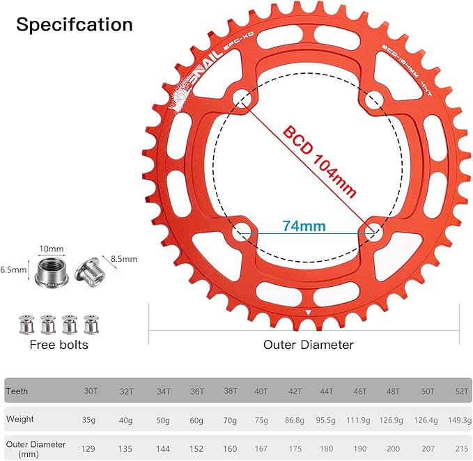 CYSKY 104 BCD Chainring 30T to 52T Narrow Wide Chainring with Sprocket Bolts for 1x Set-up Road Bike Mountain Bike BMX MTB Gravel Ebike