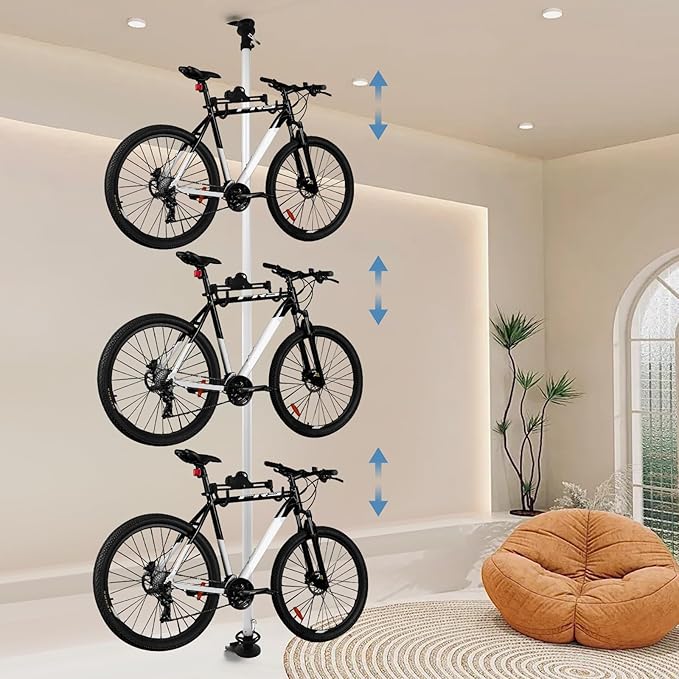 JOMCYDM Bike Storage Rack,Indoor 3 Bike Bicycle Vertical Hanger Floor Parking Rack Storage Stand for Garages or Apartments Hook for Bicycles Mountain or Hybrid Bikes,Height Adjustment 5.74-13.12 ft