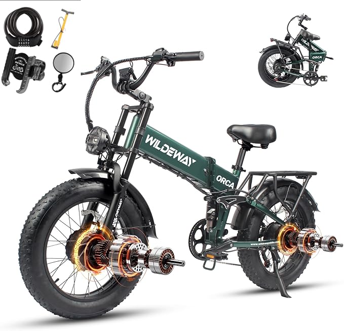 Wildeway Dual Motor 20" Fat Tire Electric Bike 2300W 20Ah Removable Battery 28 MPH Folding Ebike Off Road Mountain Full Suspension Long Range Foldable Electric Bicycle for Adults Men 2 Seat